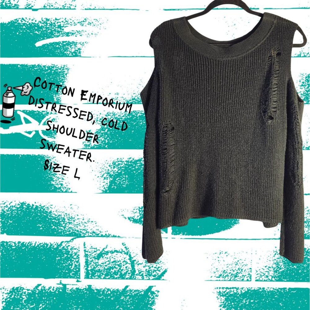 Cotton Emporium distressed, cold shoulder sweater.  Size L.